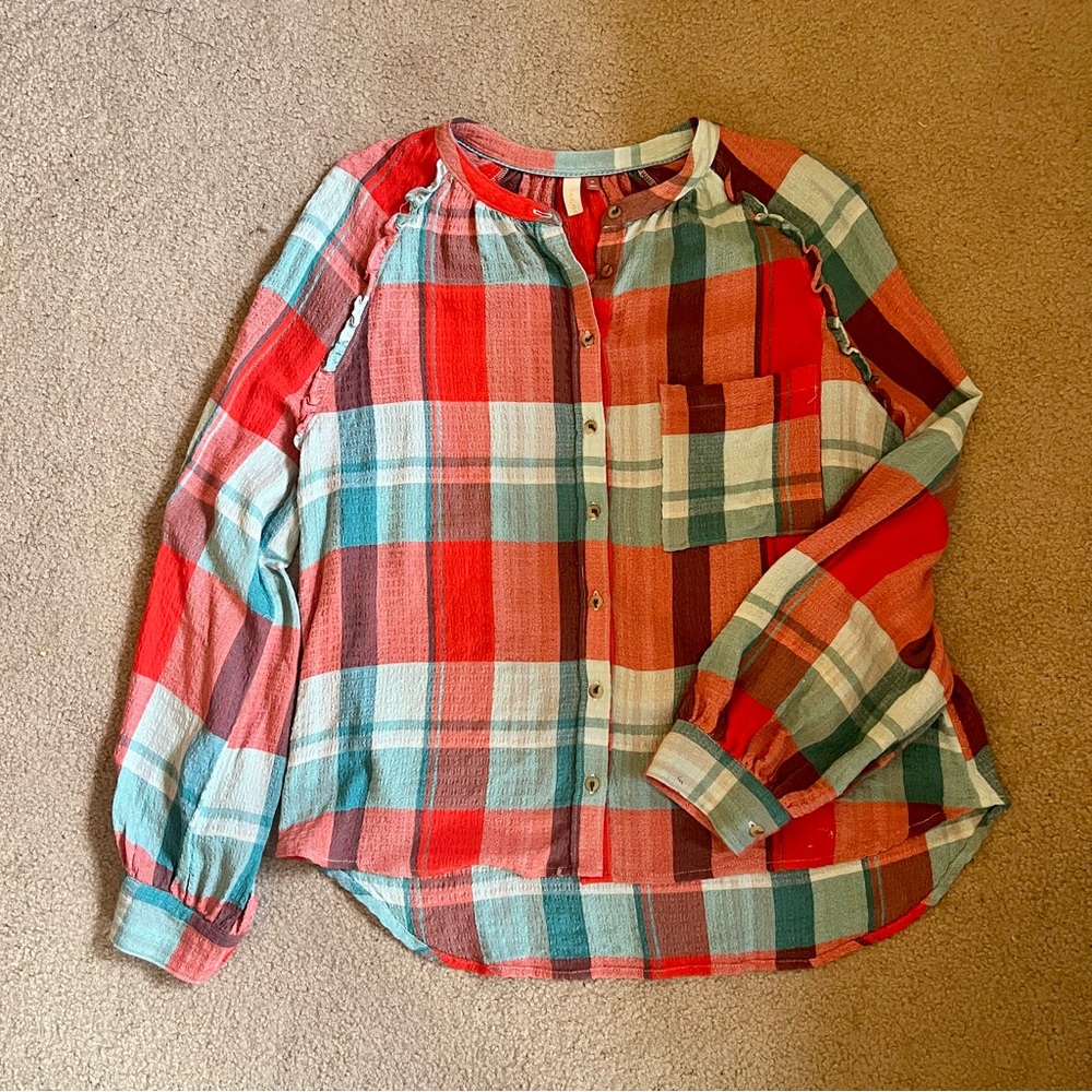 Pilcro women’s Buttondown Plaid Shirt - Orange and Teal